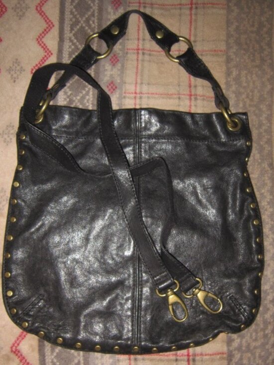 Fossil Handbags - Fossil Large Shoulder Bag Purse Hobo Black Studded Leather 14x14 Snap Pockets